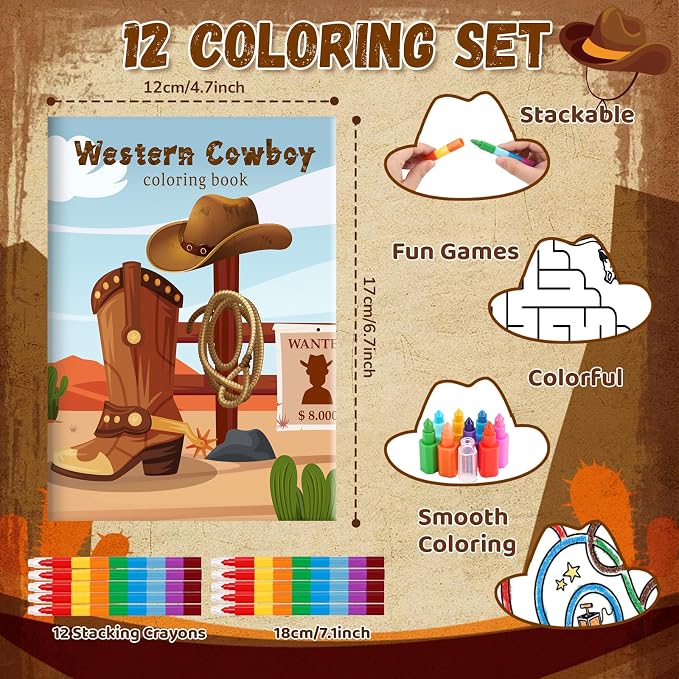BenLouis 12 Western Cowboy Mini Coloring Books Kids with 12 Stacking Crayons Wild West Party Favors Small Activity Books Bulk for Kids Yee Haw Rodeo Party Horse Gift Goodie Bag Stuffers