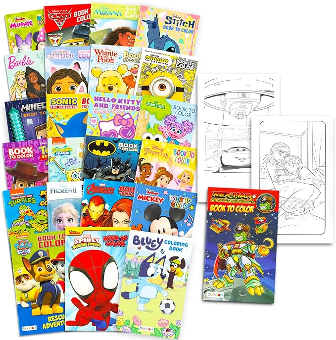 24 Pack Small Coloring Book Set - Bundle of Classroom Prizes, Rewards, Party Favors with Disney, Nick, More | Mini Activity Kits for Kids Ages 2-8