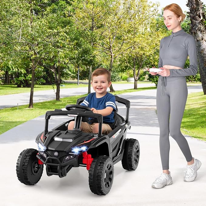 Costzon 12V Kids UTV Ride On Car, Battery Powered Electric Vehicle with Remote Control, 3 Speeds, LED Lights, Music, Horn & Spring Suspension, Off-Road UTV for Boys & Girls 3+ Years Old (Black)
