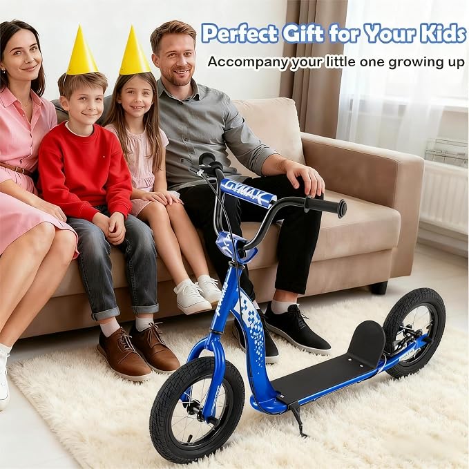GYMAX Scooter, Kick Scooter for Adults, Teens, Kids with Adjustable Handlebar, 12” Inflatable Wheels, Front Caliper Brake & Non-Slip Deck, Heavy Duty Off-Road Scooter