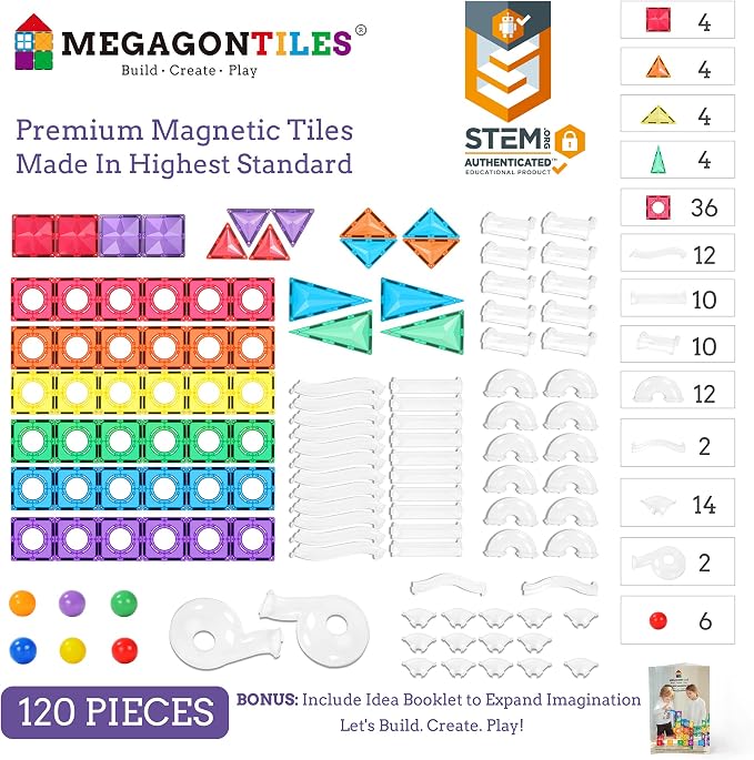 MEGAGONTILES Marble Run Magnetic Tiles Set 120PCS | STEM-Authenticated Magnetic Building Blocks with Marble Track Pieces | Educational Construction Toy for Kids Ages 3–8 (Boys & Girls)
