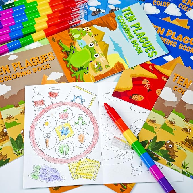 Cinrobiye 24 Set Passover Coloring Books Bulk Mini Ten Plagues Coloring Booklet with Stacking Crayons, Pesach Favors, Passover Arts and Crafts, Goodie Bag Stuffers, Seder Activity Pack