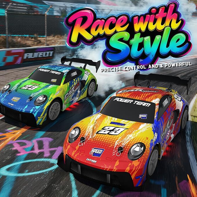 2 Pack RC Cars for Kids and Boys, Girls 4-7-8-12, Remote Control Car, LED Lights, 4WD Racing Cars,2.4GHz Dual Player, Colorful Graffiti Designs, Ideal Fun Easter Gift for Kids
