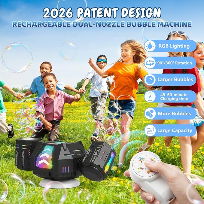 Bubble Machine, Rechargeable Dual-Nozzle Bubble Machine with Remote Control, 30000+ Bubbles Per Minute, RGB Lights, Bubble Machine for Kids, Weddings, Birthday Parties, Outdoor Activities