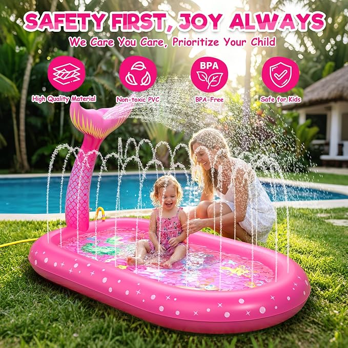 Splash Pad for Toddlers 1-3, Mermaid Inflatable Sprinkler for Kids, 3 in 1 Baby Splash Pads Kids Pool Outdoor Play Mat, Backyard Summer Water Toys Birthday Gift for 1+ Year Old Girls Kids
