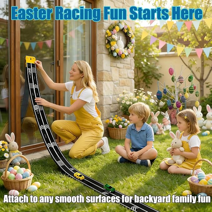 16.4Ft Flexible Race Track for Kids Ages 3+, Patterned Dual-Lane Roll Up Race Track Set with 4 Toy Cars & Suction Cups, Compatible with 1/64 Diecast Cars, Portable DIY Racing Toy (Black)