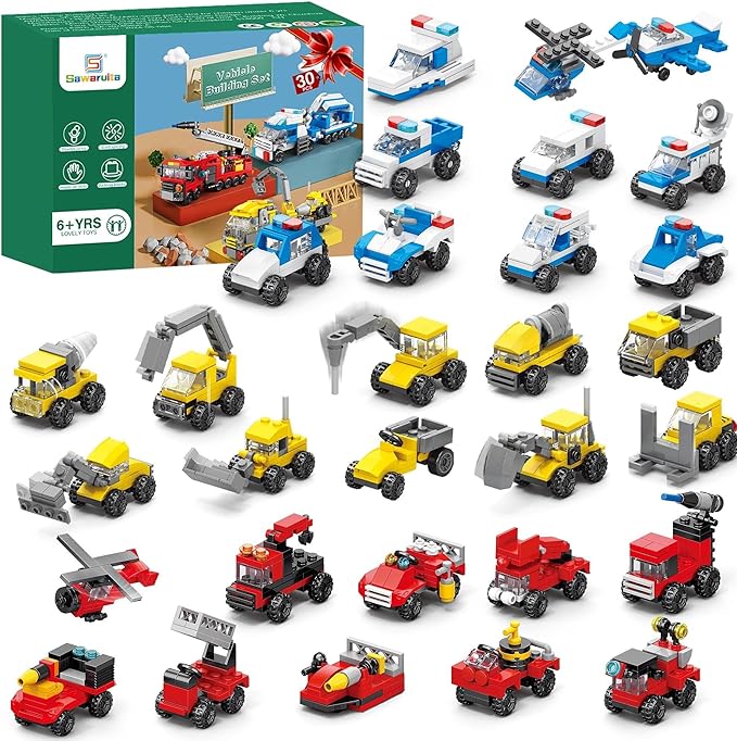 Sawaruita 30Pack Mini Cars Building Blocks Party Favors for Kids-Bulk Fire Truck,City Police Car,Construction Vehicle for Birthday Goodies Bag Easter Filling,Classroom Prizes for Boys 6-12