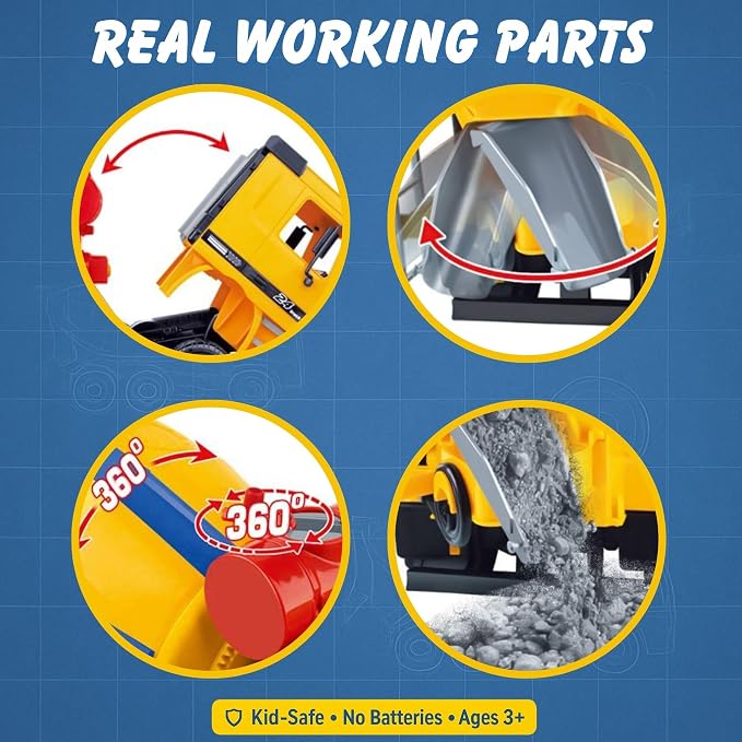 Liberty Imports 15" Oversized Construction Truck Toys for Kids – 1:22 Scale Friction Powered Vehicles with Realistic Moving Parts (Cement Mixer)