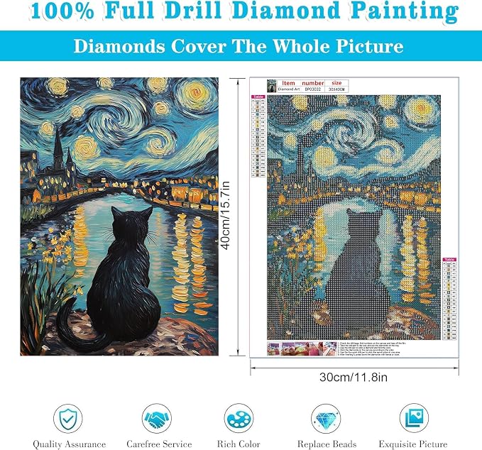 RYMILIE Cat Diamond Art Kits for Adults-Starry Night Diamond Painting Kits for Adults Beginners, 5D DIY Full Drill Round Rhinestone Gem Art Crafts Paintings for Home Wall Decor 12"x16"