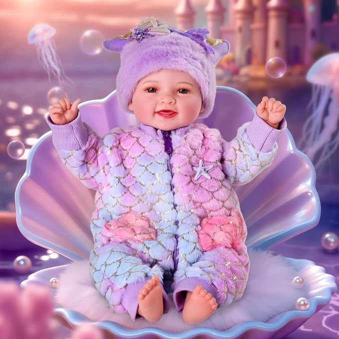 BABESIDE Mermaid Baby Doll Girl, 17-Inch Realistic Soft Baby Dolls with Shiny Mermaid Tail & Accessories, Cute Mermaid Toys for Girls Ages 3+ Kids, Christmas, Birthday