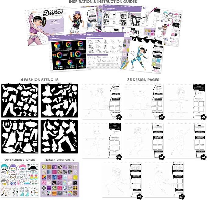 Fashion Angels I Just Wanna Dance Fashion Sketch Set, Create Dance-Themed Outfits with 35 Sketch Pages, 100+ Stickers & Stencils, Fun Craft Kit for Kids