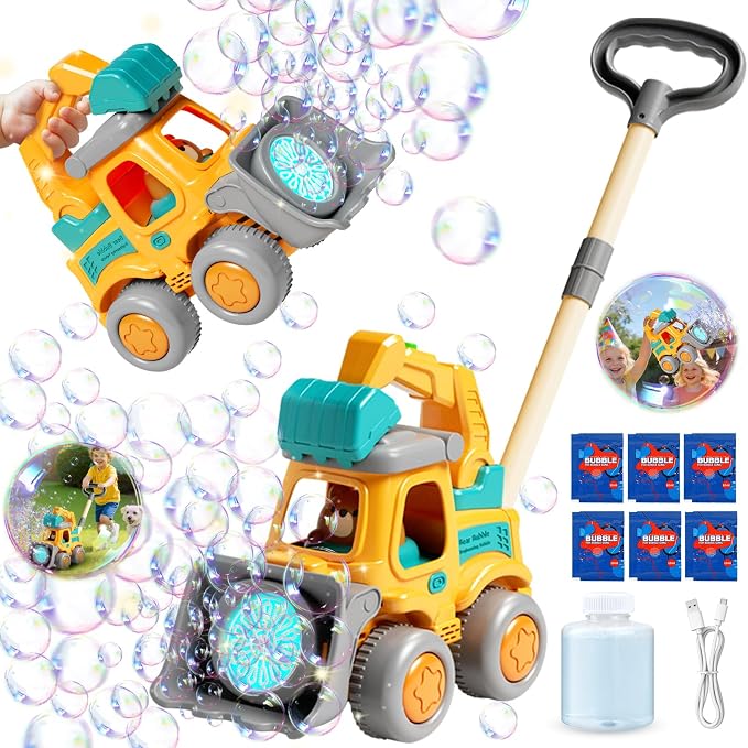 Bubble Machine for Toddlers 3-6: Construction Truck Bubble Lawn Mover, 2-in-1 Handheld Push Automatic Bubble Blower with Led Lights USB Rechargeable, Bubbles Toy for Kids Boy Girl 3-6 Year Old