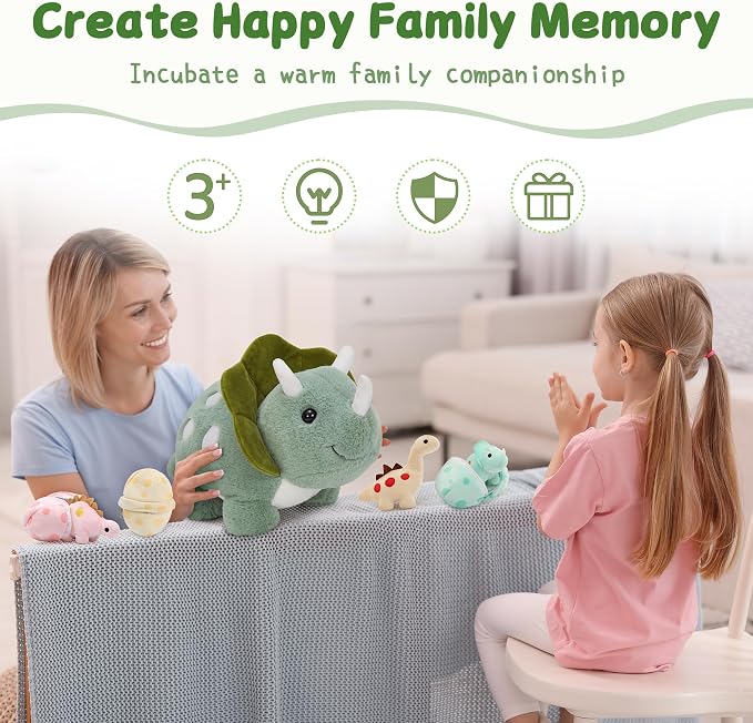 Dinosaur Stuffed Animal Set, 17.6 Inch Green Mommy Dinosaur Plush with 3 Baby Dinosaurs, Triceratops Stegosaurus Diplodocus Plush Toys for Girls Boys Kids, Cute Dino Christmas Birthday Gift