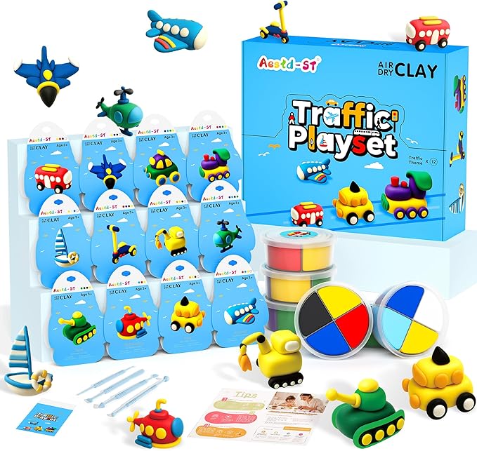 Air Dry Clay Kit -Traffic Theme, Modeling Clay for Kids, DIY Magic Clay with Sculpting Tools and Tutorials, 12 Boxes Molding Clay, Ultra Light, Soft & Non-Sticky, Arts and Crafts Gift for Kids
