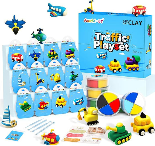 Air Dry Clay Kit -Traffic Theme, Modeling Clay for Kids, DIY Magic Clay with Sculpting Tools and Tutorials, 12 Boxes Molding Clay, Ultra Light, Soft & Non-Sticky, Arts and Crafts Gift for Kids