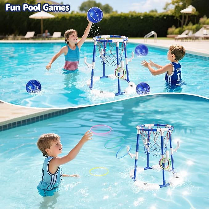 Sitodier Pool Basketball Hoop for Kids, 2-in-1 Floating Pool Water Play Toys and Ring Game with 4 Balls and Pump, Outdoor Summer Swimming Pool Basketball Games Family Party for Kids Adults (Blue)