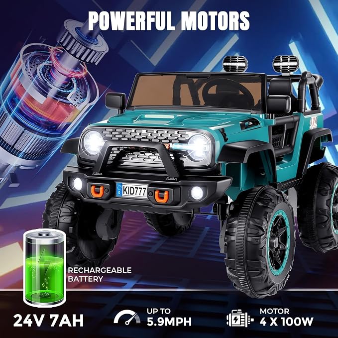 Hikole Two Seater Kids Ride on Car with Remote Control, 4WD/2WD Switchable Truck, 20" Spacious Seat, 4xSpring Suspension, Music, 4x75W 5.9MPH, 24 Volt Electric Car for Big Kids - Teal