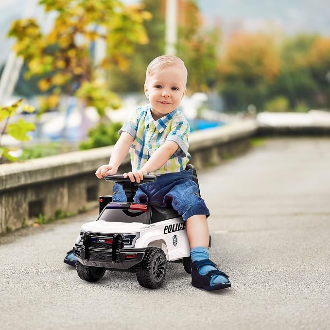 Aosom Kids Push Ride On Car with Working PA System and Horn, Police Truck Style Foot-to-Floor Sliding Car for Boys and Girls with Under-Seat Storage, for 18 Months to 5 Years Old, White