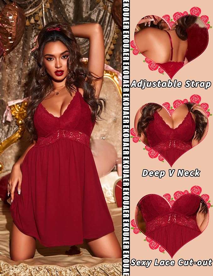 Ekouaer Lingerie for Women Sexy Nightgown Lace Trim Sleep Dress Chemise Nightgowns Sleeveless Night Gown Sleepwear S-3XL