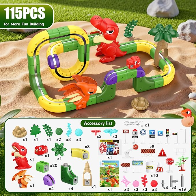 Dinosaur Magnetic Train Set Toys for Kids 3-5: 115PCS 3D Infinity Racer Cube Tracks Anti-Gravity Rail Electric Train Track Birthday Gifts Toys for 3 4 5 6 7 8 Year Old Boys Girl