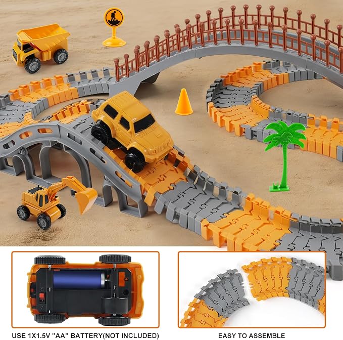 Magickidz 230+ PCS Construction Tracks Toy for Kids - DIY Engineering Building Set with Excavator, Dump Truck, Best Birthday Gift for Boys 3 4 5 6 7 Years Old, Flexible Race Car Track Playset
