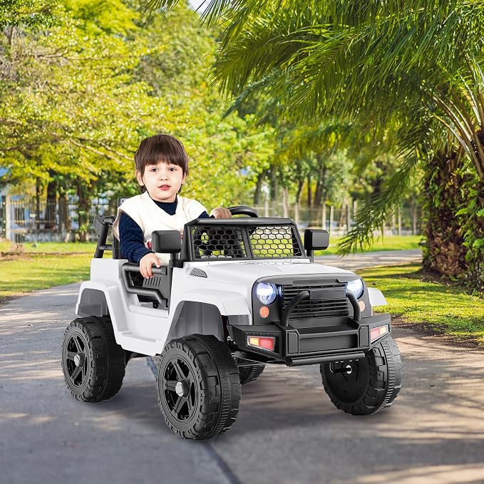 Costzon Ride on Car, 12V Battery Powered Truck Vehicle with Remote Control, Spring Suspension, Headlights, Music, Horn, MP3, USB & Aux Port, Gift for Boys Girls, Electric Car for Kids (White)