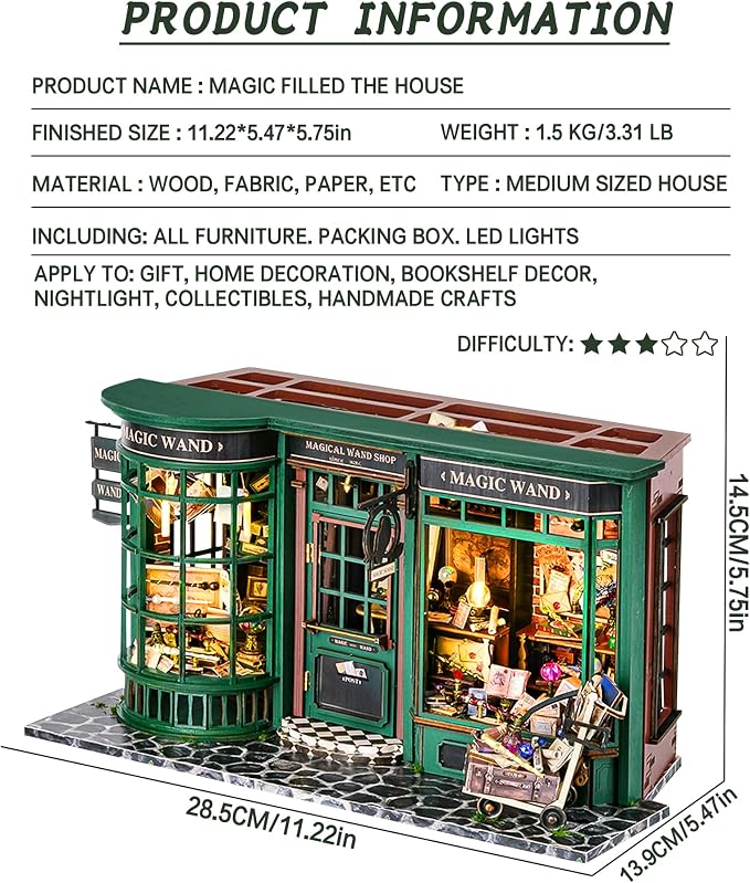 Spilay DIY Miniature Dollhouse Wooden Furniture Kit,Handmade Mini Modern Model Plus with Dust Cover & LED,1:24 Scale Creative Doll House for Lover Friend Gift (Magic House) | With LED Light & Dust Cover, DIY Wooden Craft for Bookshelf Decor, Reading No...