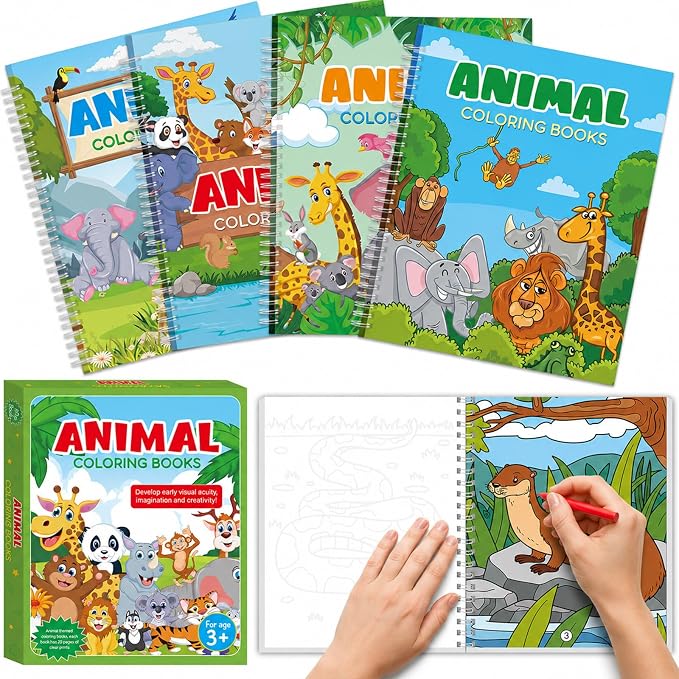 4 Pack Jungle Safari Animal Coloring Books 8.6x11 Inch Spiral Bound Coloring Books Bulk Zoo Animal Themed Activity Book DIY Crafts for Birthday Travel Gifts Party Favors Holiday Trip Supplies