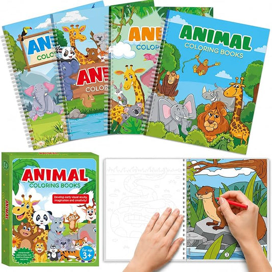 4 Pack Jungle Safari Animal Coloring Books 8.6x11 Inch Spiral Bound Coloring Books Bulk Zoo Animal Themed Activity Book DIY Crafts for Birthday Travel Gifts Party Favors Holiday Trip Supplies