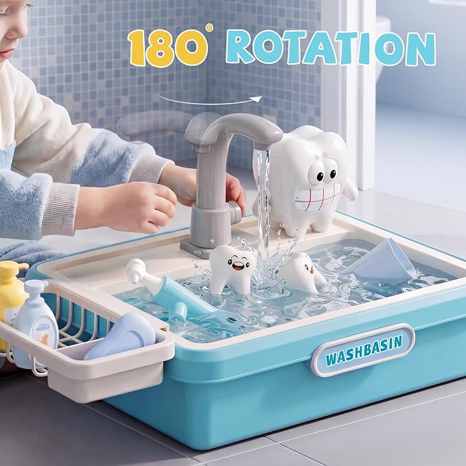 Play Sink with Running Water, Toy Sink Auto Water Cycle System, Play Sink Toys for 2 3 4 Year Old Boys, Dentist Play Set with Oversize Teeth, Pretend Play Toys, Birthday Gifts for 2 3 4 Year Old
