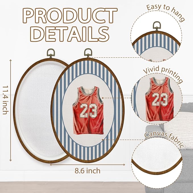 WULQYING Vintage Basketball Jersey Nursery Wall Art Decor, Sports Nursery Oval Framed Canvas Art Prints, Blue Striped Basketball Wall Hanging Decor for Kids Boy Room Bedroom Playroom, 8.6x11.4 Inches