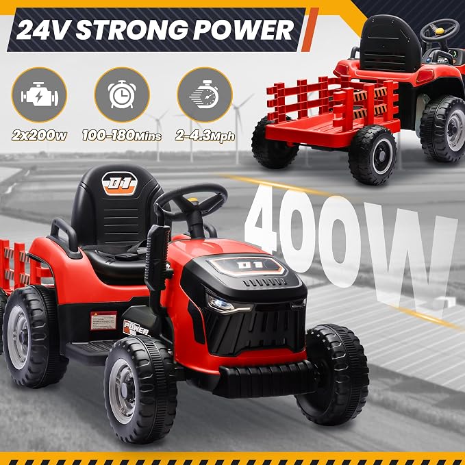 JOYRACER 24V Ride On Tractor for Kids, Ride on Toys w/400W Motors, Tiltable & Detachable Trailer, Adjustable Seat, Bluetooth, Music, Remote Control Electric Tractor Car for Kids, Red