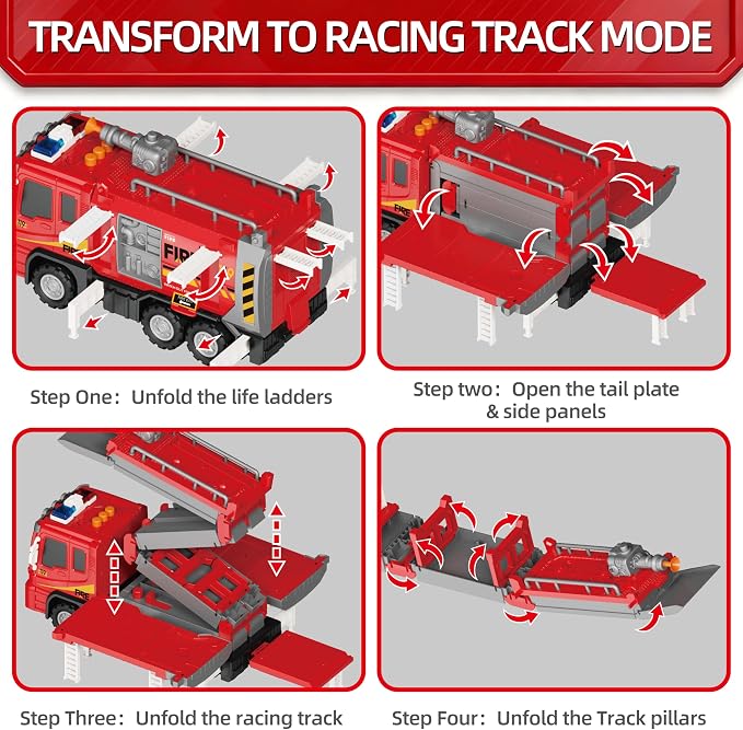 3in1 Fire Truck Toy with Foldable Race Track & 12 Diecast Race Cars Toys, Fire Trucks for Toddlers 3-5 with Lights & Sounds, Carrier Truck Car Kids Toy Gift for Age 3 4 5 6+ Year Old Boys Girls