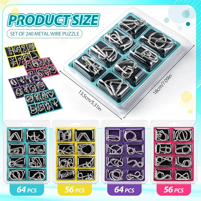 Set of 240 Metal Wire Puzzle Bulk IQ Test Disentanglement Puzzle Brain Game with Pouch Chinese Ring Magic Trick Toy for Adults Kids Party Challenge Favor Gifts Challenge
