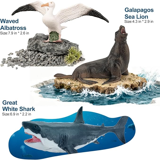 8PCS Large Galapagos Animal Toys, 4-8'' Realistic Sea Animal Figurines Set Includes Shark, Giant Tortoise, Hawk, Crab, Sea Lion, Blue-Footed Booby, Educational Learning Toys for Toddlers Kid
