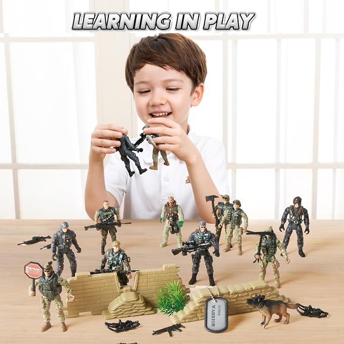 JOYIN 16 PCs Army Men Playset with 12 Realistic Army Ranger Men Action Figures and Weapon Gear Accessories, Military Soldiers Action Figures Playset, Gift for Boys 3 4 5 6 7 8
