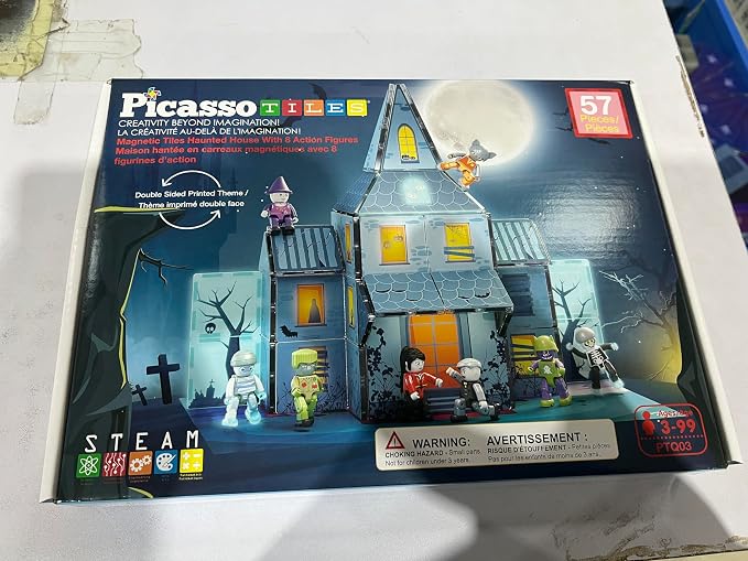 PicassoTiles Scary Haunted House Magnetic Tiles Building Block with 8 Halloween Theme Action Figure Magnet Construction Toy Kit Double-Sided Mansion STEM Playset Adventure Boys & Girls Ages 3+ PTQ03