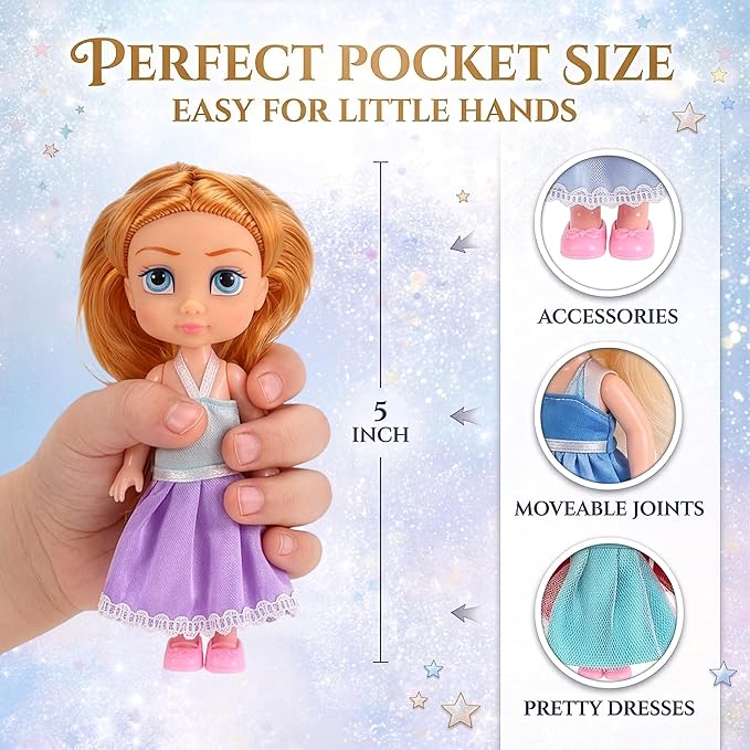Liberty Imports 12 Pack Little Royal Princess Dolls - Mini Pocket Size Toddler Toys Fantasy Pretend Play Set with Dress, Accessories for Kids, Girls Dollhouse, Party Favors (5-inches)
