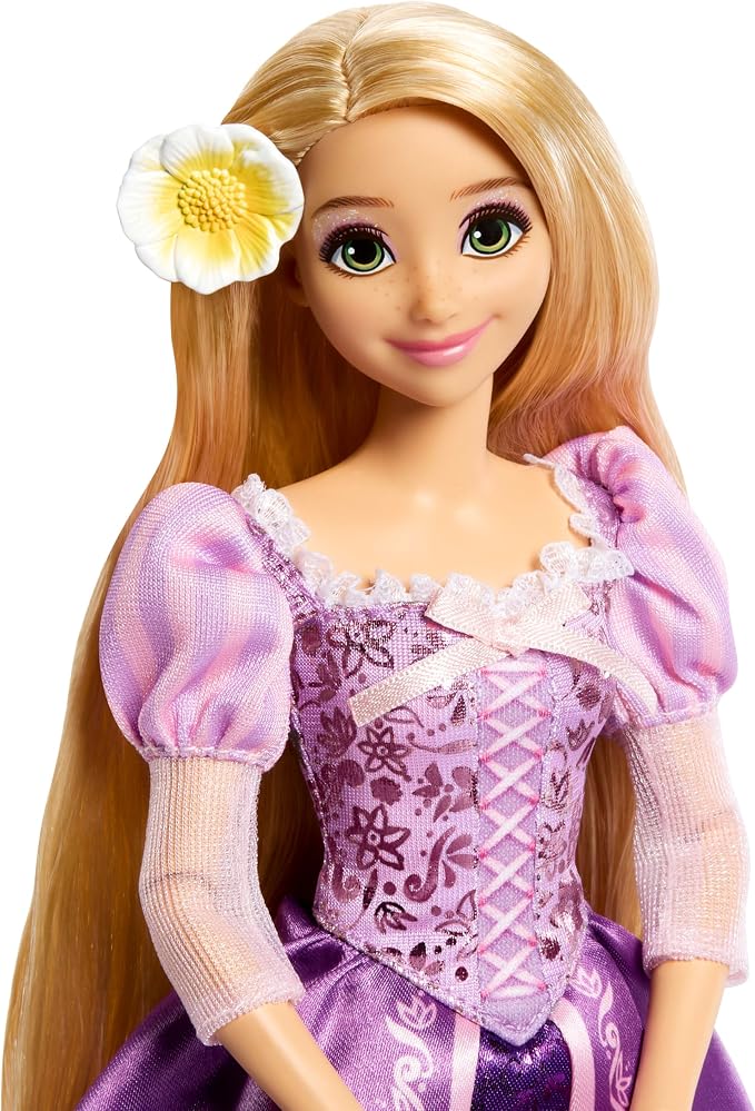 Mattel Disney Princess Rapunzel Sparkling Princess Fashion Doll with Long Hair, Removable Dress & Flower Hair Accessory, Inspired by Tangled Movie