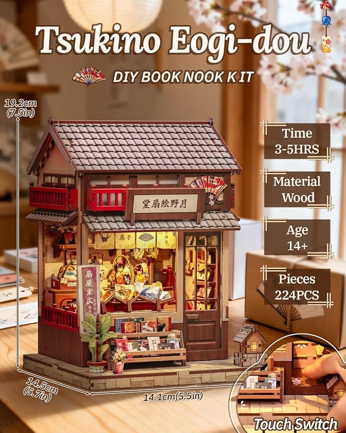 Book Nook Kit - DIY Miniature Japanese Fan House, 3D Wooden Puzzle Dollhouse with LED Lights, Tiny Bookend & Creative Bookshelf Decor, Crafts Gifts for Adults