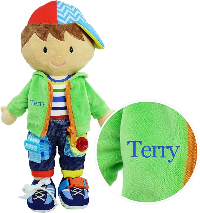 June Garden Personalized Dressy Friends Terry - Educational Stuffed Plush Doll for Kids and Toddlers 2 Years and Up - Montessori Buckle Soft Toy
