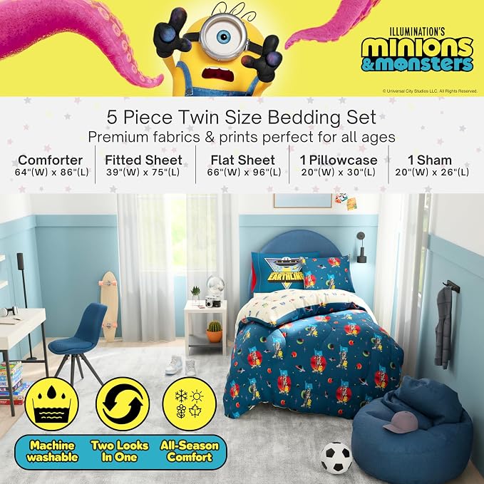 Minions and Monsters Movie Kids Bedding Set, Twin Size 5 Piece Comforter and Sheet Set with Sham, (Officially Licensed Product) by Franco