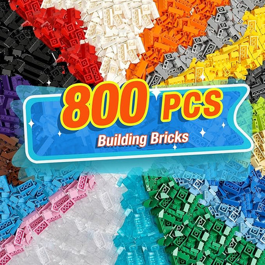 800 Pieces Building Bricks, 5 Sizes Building Pieces, Classic Slope Block Bulks - Compatible with All Major Brands, 18 Colors