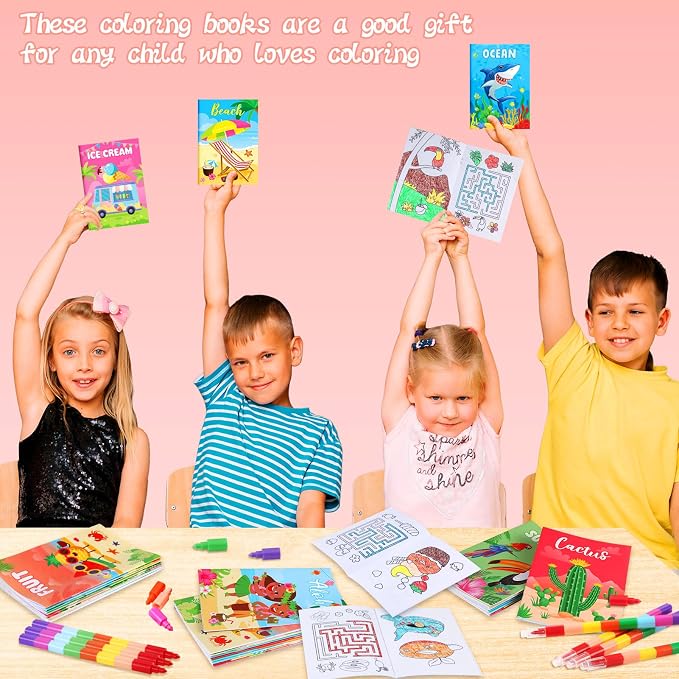 BenLouis 12 Summer Mini Coloring Books Kids with 12 Stacking Crayons Pool Beach Party Favors Small Activity Books Bulk for Kids Summer Birthday Party Gift Goodie Bag Stuffers