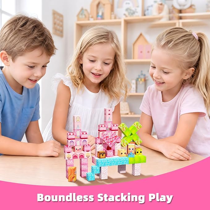 100PCS Magnetic Blocks, Magnetic Building Cube Set for Kids Ages 3+, Constructions STEM Stacking Tiles Toy Building Birthday Gifts for Girls