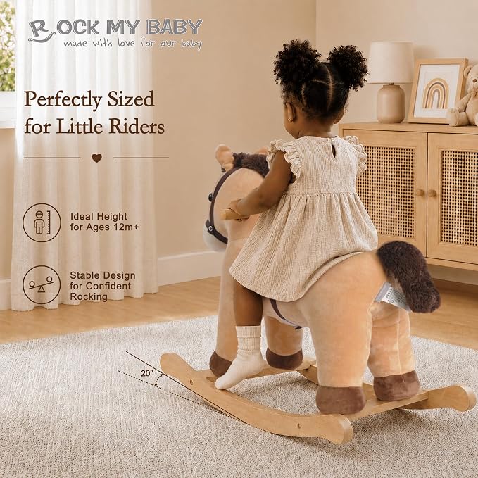 Rock My Baby Rocking Horse, Rocking Animal with Realistic Sound, Stuffed Rocker for Toddlers 18M+, Soft Filling Ride on Pony, Light Brown Horse, CPC Certified