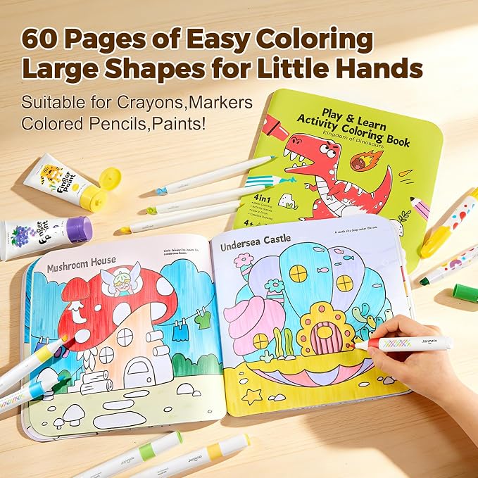 Jar Melo Dinosaur & Princess Coloring Books Set for Kids Ages 4–8, 2 Pack Fun & Learning Activity Books for Kids, Includes Colorful Backgrounds, Stickers & Reward Certificate