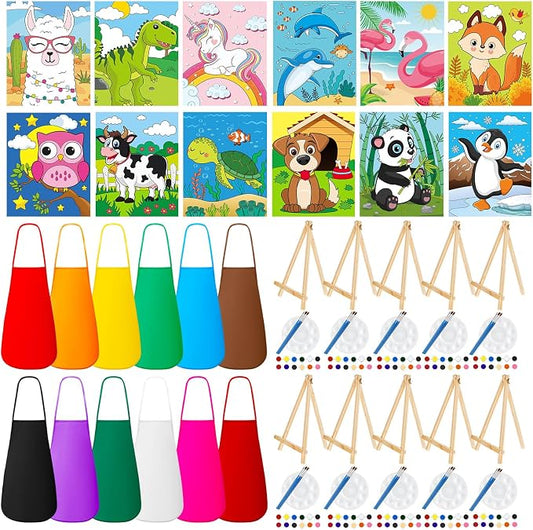 Ireer 84 Pcs 12 Sets Paint Party Kits Animal Pre Drawn Canvas, Wooden Easel, Paintbrushes, Palette, Acrylic Paints and Aprons, Pre Drawn Canvas to Paint for DIY Birthday Party Gift(5 x 7 Inches)