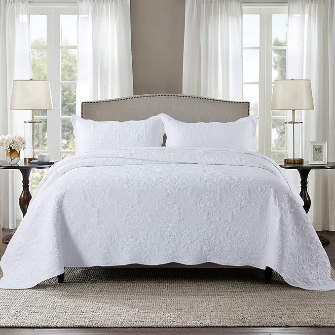 HoneiLife Quilt Set King Size - 3 Piece Embroidered Microfiber Bedspread Reversible Coverlet Lightweight Bedcover Paisley Pattern Bedding Set All Season Quilts-White