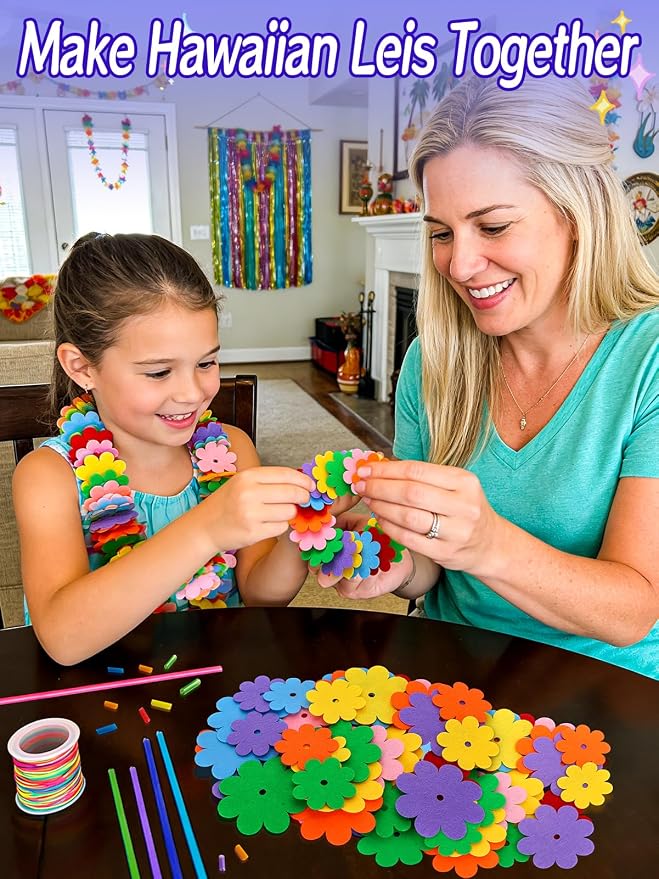 Cosweet Lei Making Craft Kit for Kids - Hawaiian Leis Bulk Makes 48 Flower Necklaces with 2000 Felt Flowers, Lei Craft Supplies for VBS, Classroom Activities & Luau Party Favors